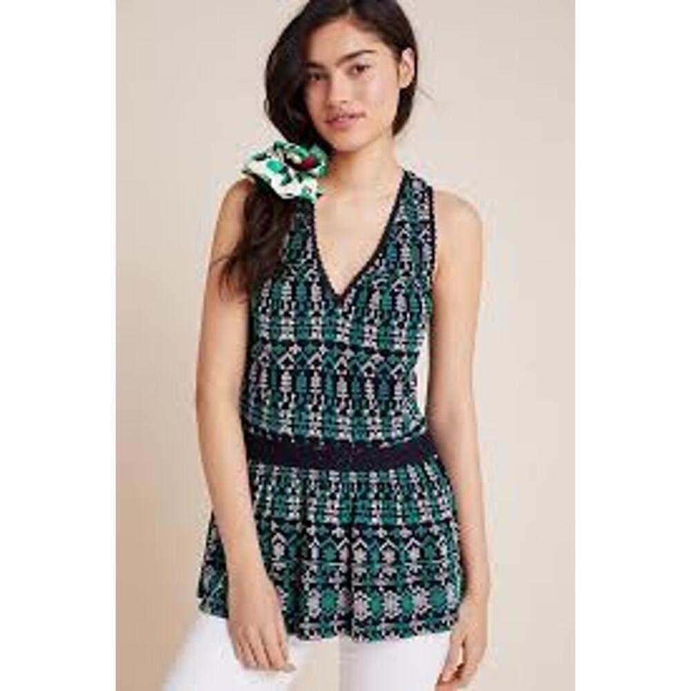 Maeve Anthropologie "Cammie" Black Green Floral V-Neck Embroidery Top sz Medium